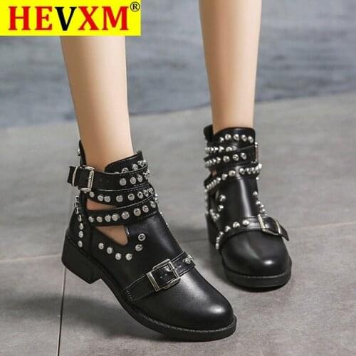 HEVXM Fashion Womens Boots Hot Sale Rivet Belt Buckle Ankle Boot Spring Autumn Female Student Casual Quality Pu Leather Boot