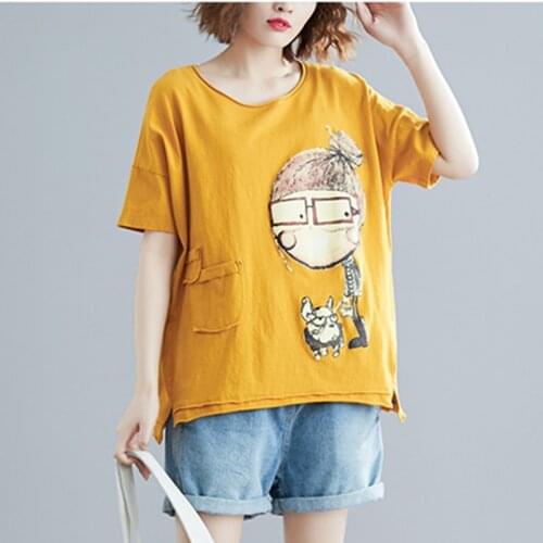 Appliques Fashion Girls Summer T Shirts Cartoon Tops Plus Size Loose Women T Shirt Soft Cotton Linen Vintage T-shirt Tees Shirt