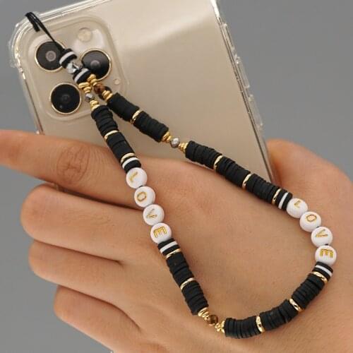 2021 Trendy Black Phone Chain Beads LOVE Letter Phone Case Charm Mobile Strap Jewelry For Women Telephone Anti-Lost Lanyard Gift