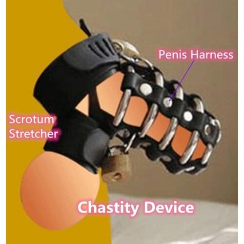 Genuine Leather Male Cock Cage Penis Harness Ball Scrotum Stretcher Bondage Chastity Device Metal Lock,Sex Toy For Couples Flirt