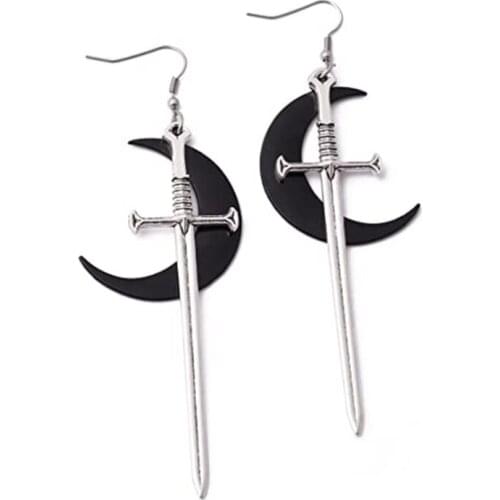 2021 New Sword Black Moon Pendant Alloy Ear Buckle Earrings Popular Hip-hop Ear Jewelry