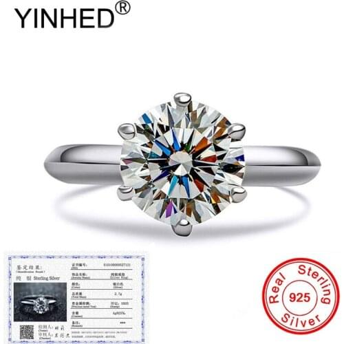 Send Certificate! YINHED Fine Enaggement Rings for Women Real 925 Sterling Silver Wedding Rings for Women Solitare Ring ZR672