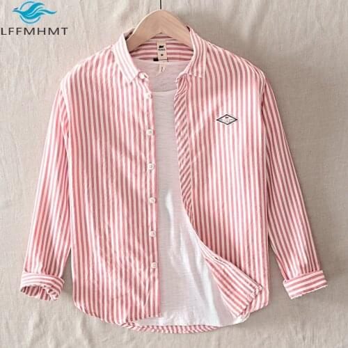 Spring Summer Men Fashion Turn Down Collar Long Sleeve Vintage Striped Classic Shirts Japan Business Casual Loose Wild Tops Male