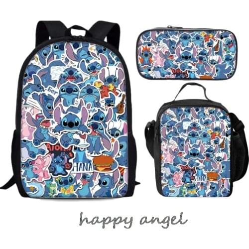 Hot Girls Stitch schoolbag kids lovely princess Stitch backpack Cute Brand Toddler Kids boys schoolbags +Lunch Bag + Pencil Bag