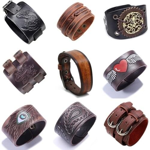 New Black Brown Vintage Genuine Leather Bangles Wide Leather Bracelet For Women Men Bracelet Ethnic Punk Charm Jewelry