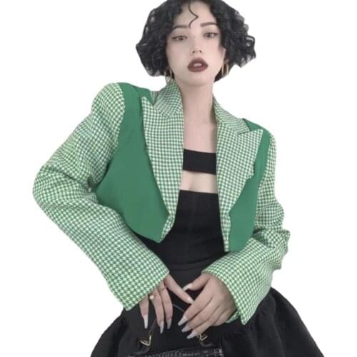 Woman Jackets Patchwork Plaid for Women 2021 Long Sleeve Short High Waist Ladies New Fashion Coats Womens Clothing