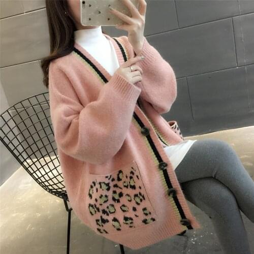 Women V Neck Cardigan Jacket 2020 Autumn Winter Leopard Pocket Loose Knitted Sweater Oversize Pink Knitting Coat ropa para mujer