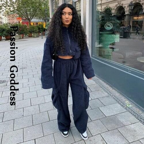 2 Piece Plush Fuzzy Sets Women Oversized Outfits Pockets Zipper Jackets High Waist Cargo Pants Warm Wool Cashmere Two Piece Suit