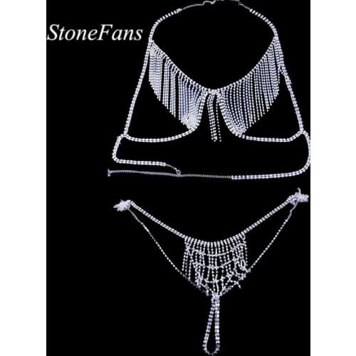 Stonefans Trendy Multilayer Chain Rhinetone Body Jewelry for Women Tassel Body Chain Bra and Thong Set for Underwear Jewellery