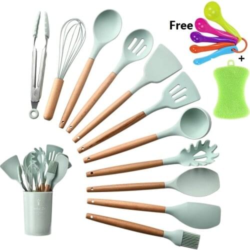 12pcs Shovel Storage-Box Spatula Cooking Tools Set Wooden Handle Non-stick Silicone Utensil Set Cookware Turner Kitchen Gadget
