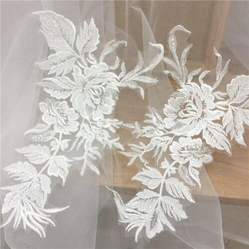 5 pairs 10 pieces Off white clear sequin floral lace applique pair , embroidered tulle lace patch bridal veil wedding gown lace