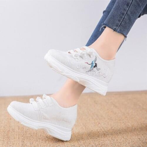 Embroidery White Sneakers Canvas Womens Heels Women Shoes for Summer New Wedge Sneakers Zapatillas Mujer Plataforma Chunky Shoes