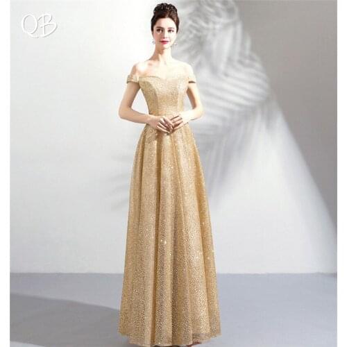 Golden A-line Cap Sleeve Sequins Tulle Shiny Long Elegant Evening Dresses Bride Banquet Party Prom Dress XK65