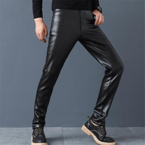 Male Oversize Thick Skinny Pu Pantalons Capris Men Waterproof Leather Pants Plus Velvet Slim Trousers Warm Mid Motorcycle Capris