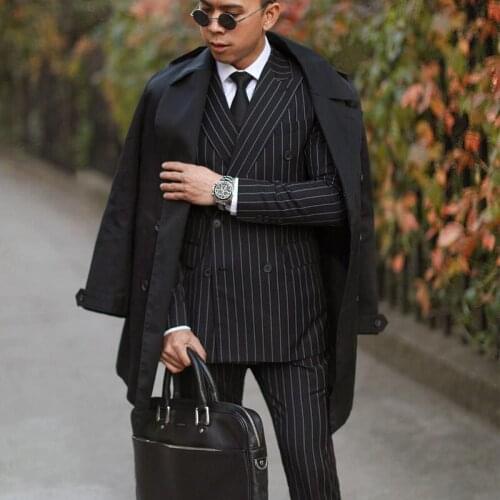 Black Pinstripe Wedding Tuxedos Double Breasted Mens Groom Coat Suits Plus Size Prom Party Blazer Jacket (jacket+pants)