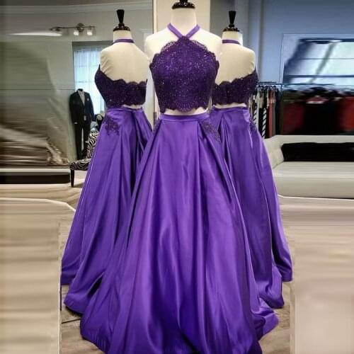 Vestido De Festa Long Evening Dress Two Pieces Vestidos Satin with Lace Appliqued Beaded Evening Gowns Robe De Soiree 2020