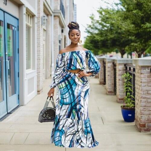 Elegant Streetwear Ruffles Print Two Piece Set Sexy Off the Shoulder Crop Top + Long Skirts 2 Piece Outfits Plus Size S-5XL Fall