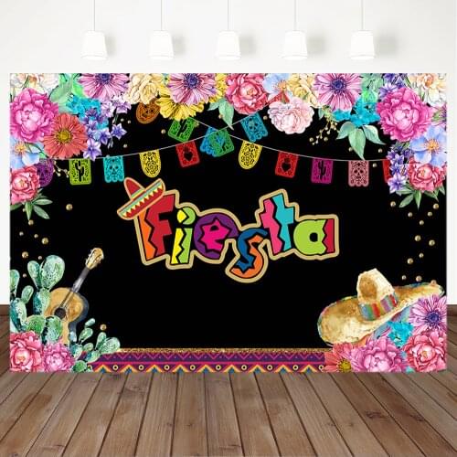 Mexico Fiesta Theme Birthday Backdrop Color Paper Flower Happy Birthday Photography Background Guitar Straw Hat Decor Banner