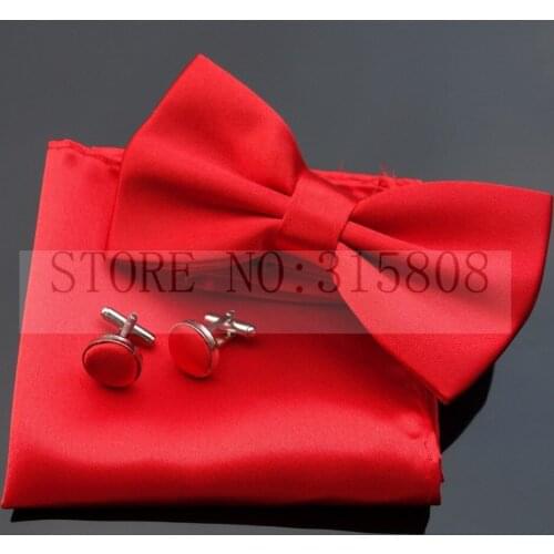Ikepeibao Classic Red Satin Bowtie Sets Hanky Mens Solid Pattern Pajaritas Cufflinks Sets