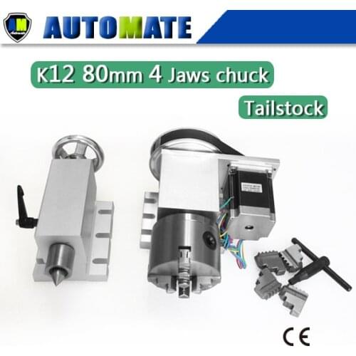 K12- 80mm CNC 4th Axis +Tailstock CNC dividing head / Rotation Axis / A axis for Mini CNC router woodworking engraving machine