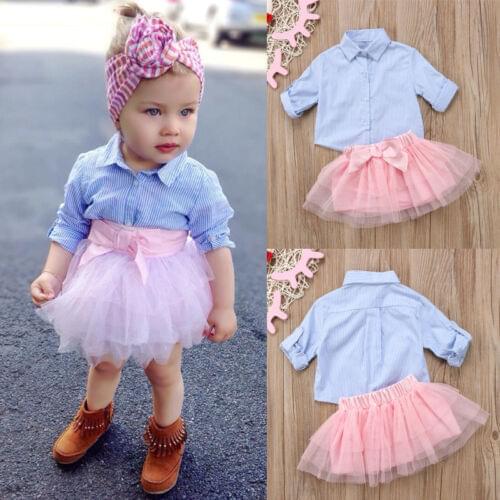 Summer Baby Girls Clothes Sets Striped Long Sleeve Shirt + Bowknot Short Skirt 2Pcs Outfits Children Clothing Set