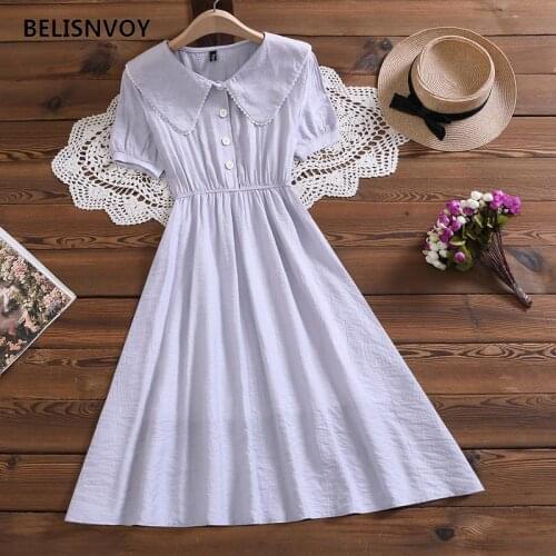 Mori Girl Sweet Chic Dress For Women Summer 2021 Peter Pan Collar With Crochet Solid Puff Sleeve Dress Elegant Vestido De Mujer