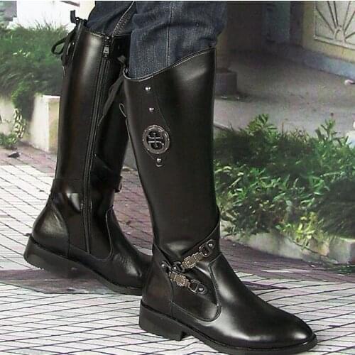 Real Genuine Leather Buckle Fashion Men Cowboy Army Boots Pointed Toe Winter Short Plush Long Military Knight Combat Boots