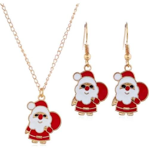 Fashion Christmas Jewellery Set Gold Chain Cute Enamel Pin Metal Crystal Santa Claus Necklace Earrings Set For Women Girls Gifts