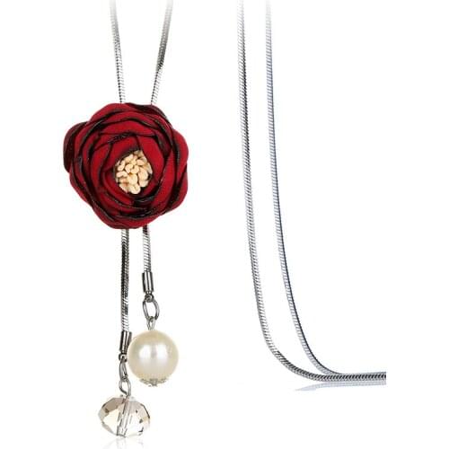 NN08 Creative Rose Flower Pendant Necklace For women Long Sweater Chain Dress Accessories Simulated Pearl