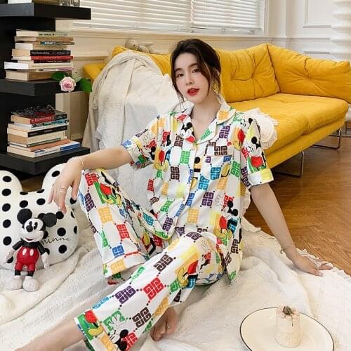 2021 new ice silk ladies pajamas summer short-sleeved trousers fashion printing cartoon home service suit cartoon