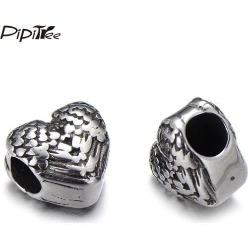 Pipitree Stainless Steel Heart Beads Charms with Angel Wings Vintage Color Big Hole DIY Charms Spacer Beads for Jewelry Making
