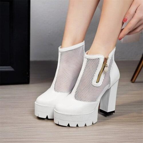 PXELENA 2021 Spring Summer Mesh Gladiator Pumps Women Chunky Block High Heels Platform Gothic Punk Shoes Plus Size 34-43 Zipper