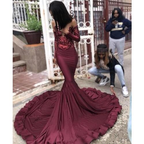 Mermaid Burgundy Prom Dresses 2019 African Black Girls Long Sleeves Pageant Holidays Graduation Wear Formal Evening Party Gowns