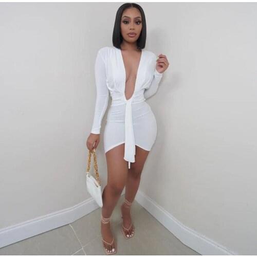 Long Sleeve Deep V Neck Spring Summer Wrap Ruched Bodycon dress Women Sexy Bandage Elegant Short Mini Party Dress black white
