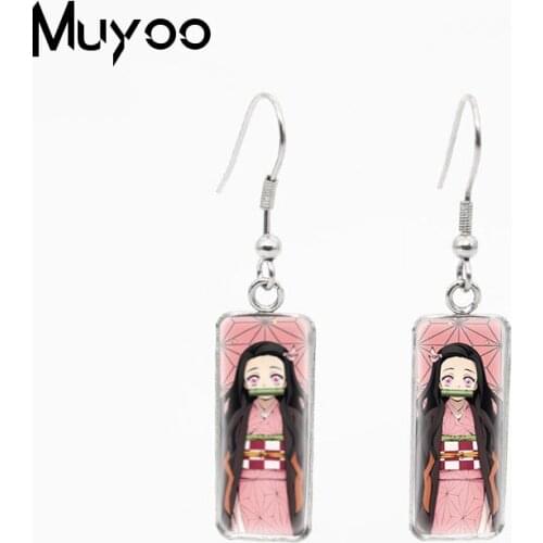 New Fashion Anime Demon Slayer Kimetsu no Yaiba Rectangle Fish Hook Earrings Handmade Jewelry Gifts