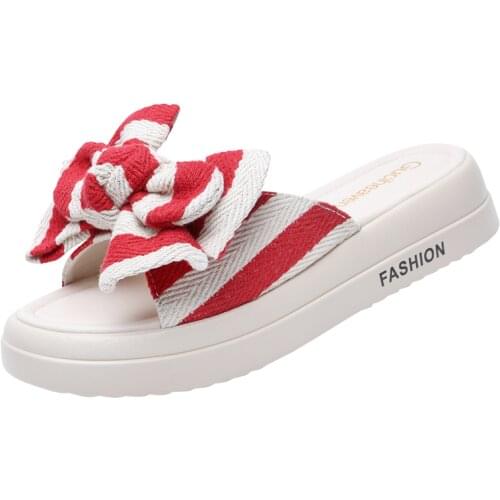 Woman Shoes New Open-Toed Flat Slippers Summer Bow-Knot Decoration Color-Blocking Flip-Flops Waterproof Platform