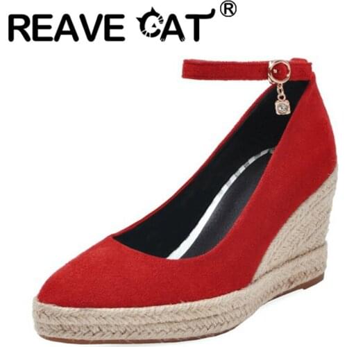 REAVE CAT 2021 Spring Solid Suede Pumps Cover Heel Ankle Buckle Strap Rattan Wedges Pointed Toe 8cm Size 33-44 Red Brown A4173