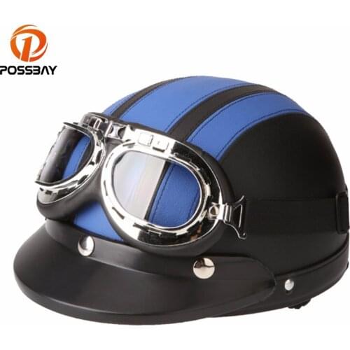 POSSBAY Half Face Vintage Motorcycle Helmet Scooter with Goggles Capacete Casco Moto Men Retro Helmets for kawasaki Yamaha Honda