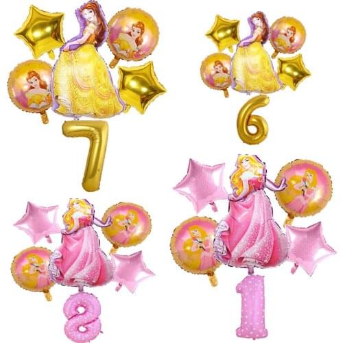 6pcs/lot Aurora Belle Six Princess Balloon Girl Birthday Party Decoration Aluminum Film Number Yellow Pink Balloon Combination