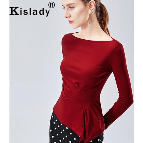 Kislady Black Red Slash Neck Pleated Harajuku Womens Shirts 2020 Autumn Long Sleeve Casual Slim OL Tops Plus Size Korean Clothes