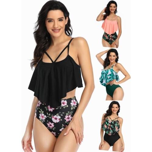 Women Swimsuit Two Pieces Bikini Set Ruffle Swimwear Bathing Suits High Waist Ruched Ruffled Flounce Flower Print Push Up Bikini