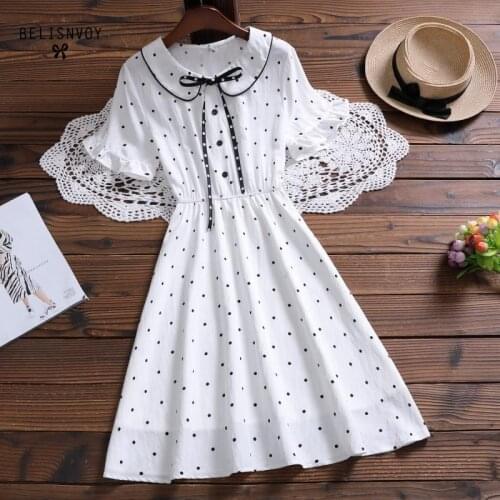Mori Girl Summer Women White Dress Peter Pan Collar Polka Dot Ribbon Sweet Dress Flare Sleeve Cute Kawaii Korean Elegant Dress
