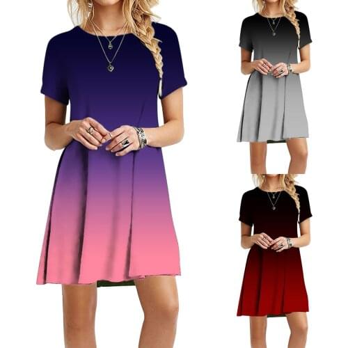 2021 Summer Fashion Dress Women Casual Short Sleeve O-Neck Solid Color gradient Ladies Loose Mini Dress vestido de mujer