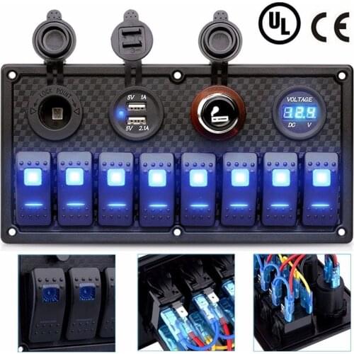 1set 8 Gang Waterproof Car Marine Boat Rocker Switch Panel Circuit Breaker Voltmeter