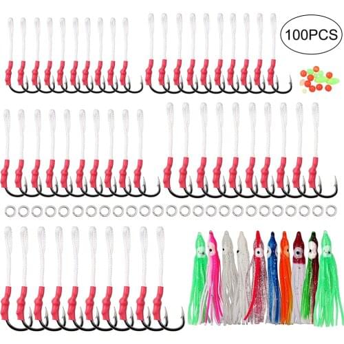100Pcs/Box Fishing Assist Hook With PE Line Jig Assist Bait Hooks Squid Skirts Octopus Fishing Lure Split Ring Luminous Beads