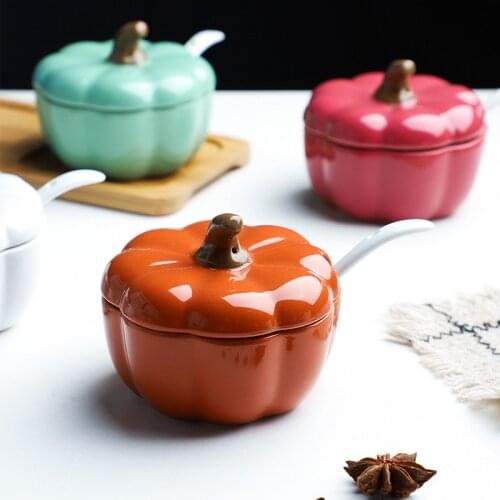 Ceramic Pumpkin Design Spice Jar Porcelain Salt Sugar Storage Container With Spoon Kitchen Seasoning Bottles Cooking Tools