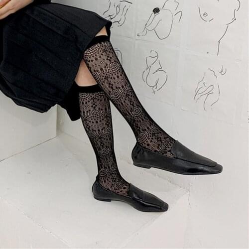 Ins Women Lace Stockings Black White Hollow Out Crochet Long Stockings Vintage Lolita Female Transparent Knee Fishnet Stocking