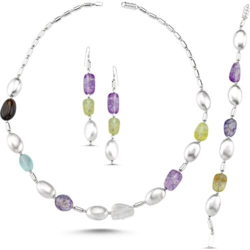 Silverlina Silver Color Quartz Stone Necklace, Bracelet and Earrings Set