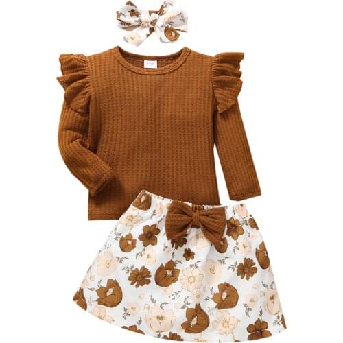 FOCUSNORM 0-24M Lovely Baby Girls Clothes Sets 3pcs Ruffles Long Sleeve Solid T Shirts Flowers Printed Bow Skirts Headband