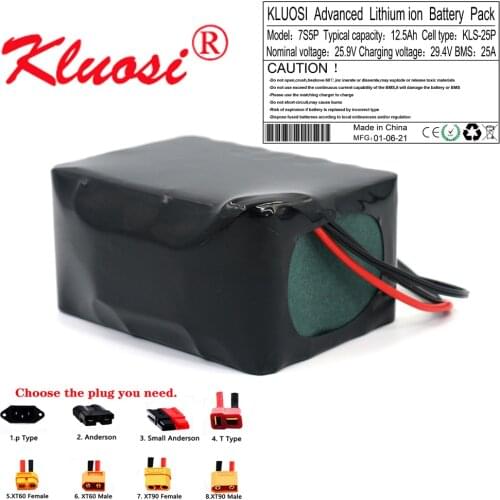 KLUOSI 7S5P 25.2V 24V 12.5Ah 12Ah 29.4V Lithium Battery Pack with 25A BMS for Electric Motor Bicycle Scooter Wheelchair Motor